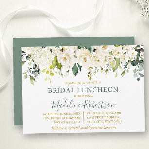 Watercolor White Floral Sage Green Bridal Luncheon Invitation