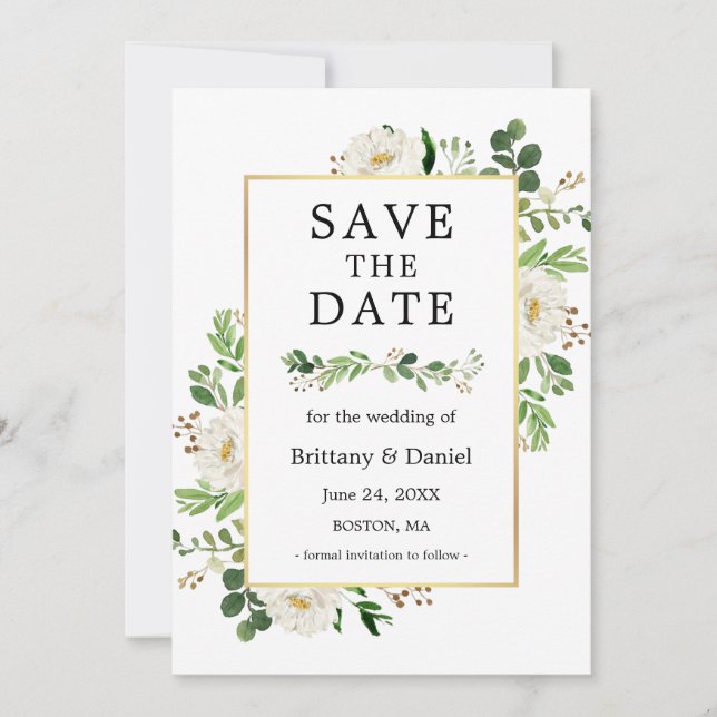 Watercolor White Floral Save The Date Card (Front)
