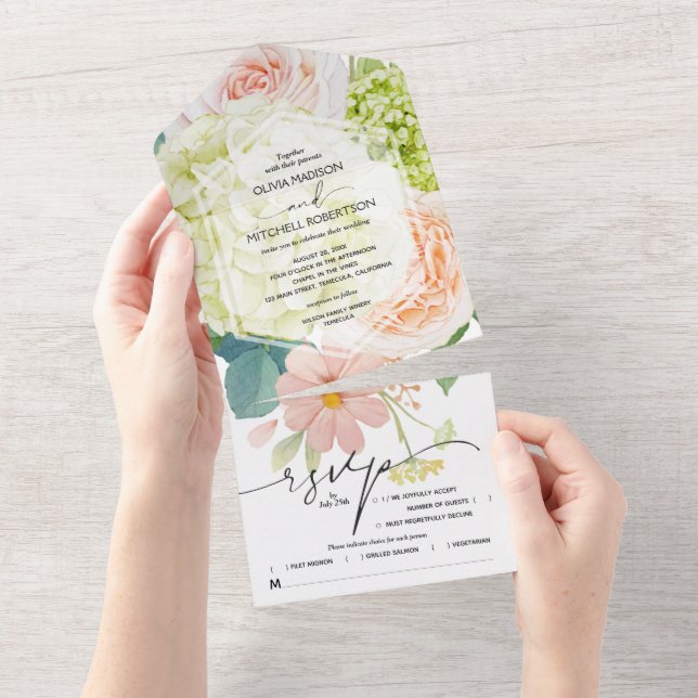 Watercolor White Floral Wedding All In One Invitation (Tearaway)