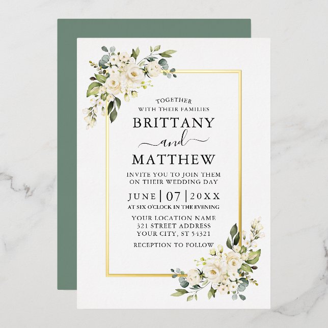 Watercolor White Floral Wedding Sage Green Gold (Front/Back)