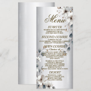 Watercolor White Flower Golden Frame Silver Dinner Menu