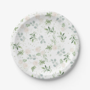 Watercolor White Flowers and Eucalyptus Leaves Paper Plate