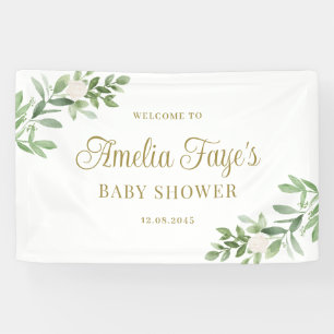 Watercolor White Flowers and Greenery Baby Shower Banner