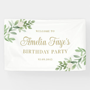 Watercolor White Flowers and Greenery Graduation Banner