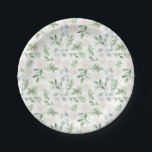 Watercolor White Flowers and Greenery Leaves Paper Plate<br><div class="desc">Add a botanical fall accent to your tablescape with these customizable paper plates. It features watercolour pattern of white flowers and eucalyptus leaves. Personalize by adding your event details. These greenery paper plates are perfect for weddings,  birthdays,  bridal showers,  and baby showers.</div>