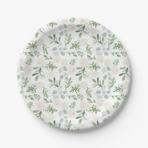 Watercolor White Flowers and Greenery Leaves Paper Plate