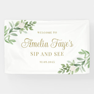 Watercolor White Flowers and Greenery Sip and See Banner