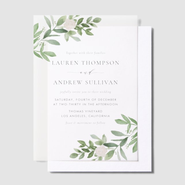 Watercolor White Flowers and Greenery Wedding Vellum Invitations (Offset)