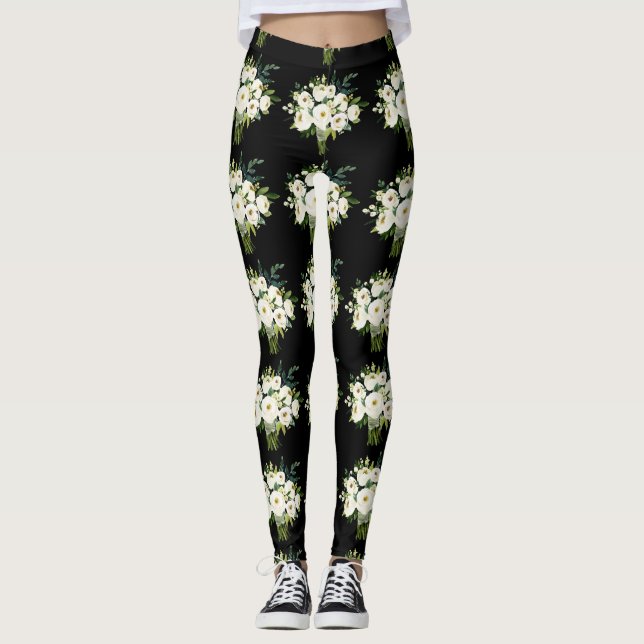 Watercolor White Flowers Bouquet Black Pattern Leggings (Front)