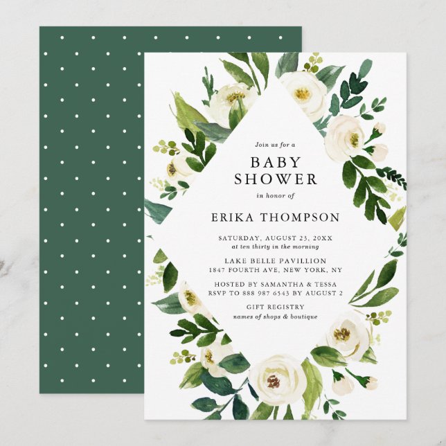 Watercolor White Flowers Frame Baby Shower Invitation (Front/Back)