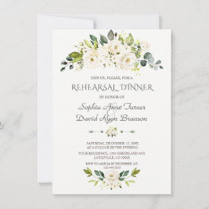 Watercolor White Flowers Gold Rehearsal Dinner Invitation