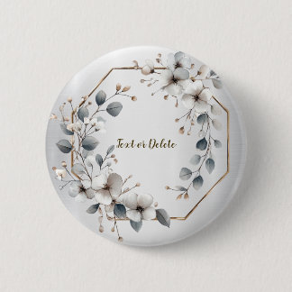 Watercolor White Flowers Golden Frame Silver Teal 2 Inch Round Button