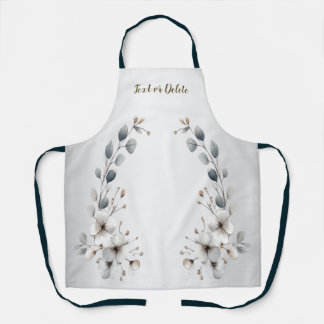 Watercolor White Flowers Golden Frame Silver Teal Apron