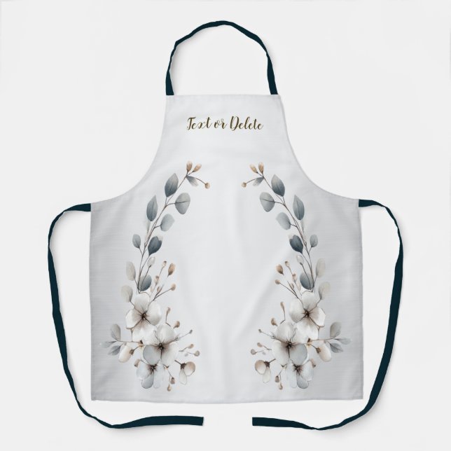 Watercolor White Flowers Golden Frame Silver Teal Apron (Front)