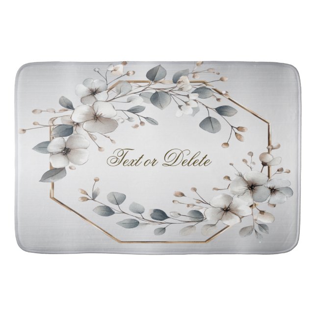 Watercolor White Flowers Golden Frame Silver Teal Bath Mat (Front)