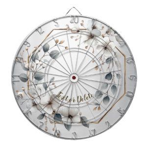 Watercolor White Flowers Golden Frame Silver Teal Dartboard