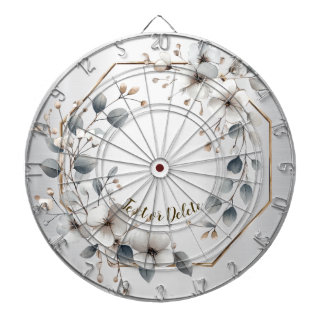 Watercolor White Flowers Golden Frame Silver Teal Dartboard