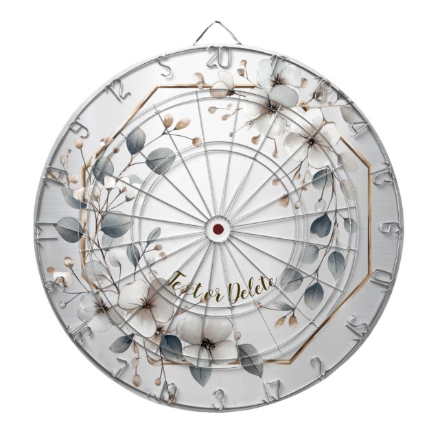 Watercolor White Flowers Golden Frame Silver Teal Dartboard (Front)