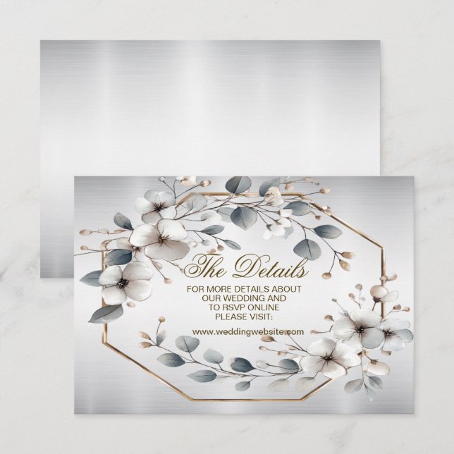 Watercolor White Flowers Golden Frame Silver Teal  Enclosure Card (Front/Back)