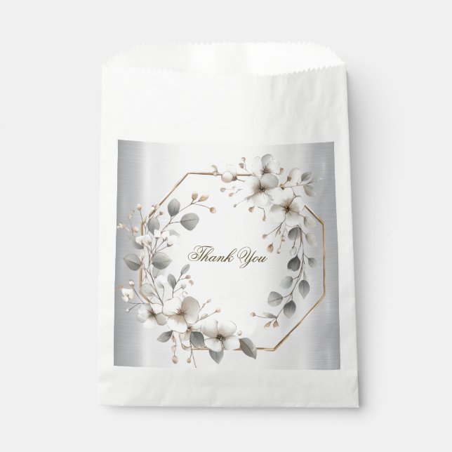 Watercolor White Flowers Golden Frame Silver Teal Favour Bag (Front)