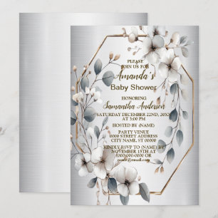 Watercolor White Flowers Golden Frame Silver Teal Invitation