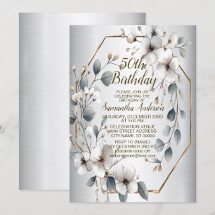 Watercolor White Flowers Golden Frame Silver Teal Invitation