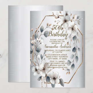 Watercolor White Flowers Golden Frame Silver Teal Invitation