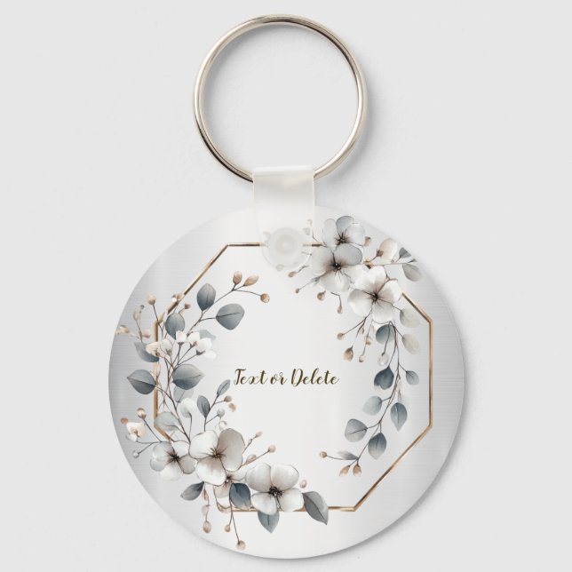 Watercolor White Flowers Golden Frame Silver Teal Keychain (Front)