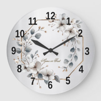 Watercolor White Flowers Golden Frame Silver Teal Large Clock