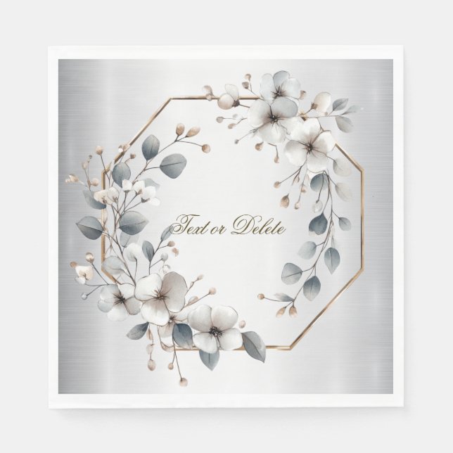 Watercolor White Flowers Golden Frame Silver Teal Napkin (Front)