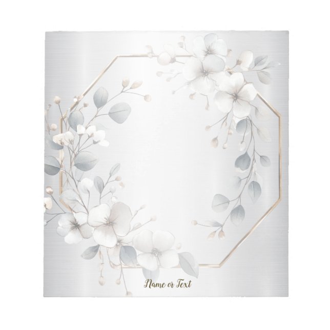 Watercolor White Flowers Golden Frame Silver Teal Notepad (Front)