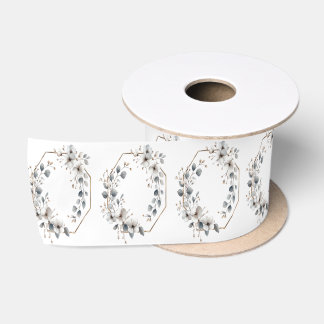 Watercolor White Flowers Golden Frame Silver Teal Satin Ribbon