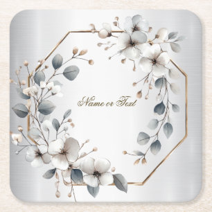 Watercolor White Flowers Golden Frame Silver Teal Square Paper Coaster