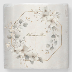 Watercolor White Flowers Golden Frame Silver Teal Stone Coaster
