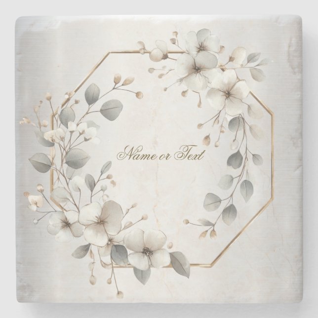 Watercolor White Flowers Golden Frame Silver Teal Stone Coaster (Front)