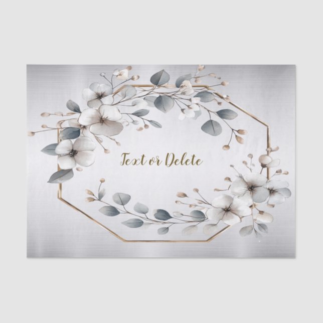 Watercolor White Flowers Golden Frame Silver Teal Tissue Paper (Front)