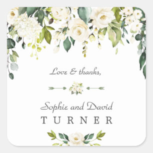 Watercolor White Flowers Green Foliage Wedding Square Sticker