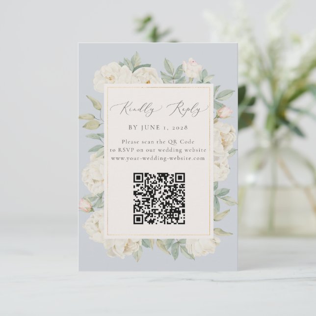 Watercolor white flowers, light blue  RSVP card (Standing Front)