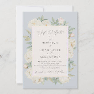 Watercolor white flowers, light blue save the date invitation