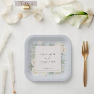 Watercolor white flowers, light blue wedding paper plate
