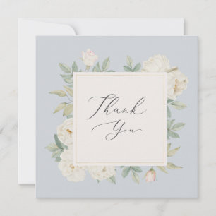 Watercolor white flowers, light blue wedding  thank you card