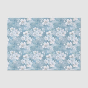 Watercolor White Flowers Pattern on Shades of Blue Tissue Paper