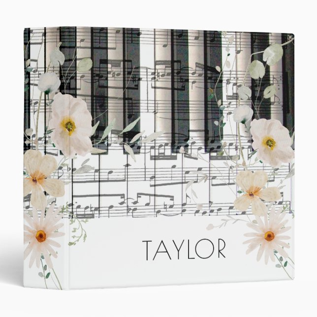 watercolor white flowers piano keyboard notes binder (Front/Spine)