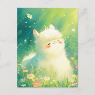 Watercolor White Fluffy Alpaca in Sunlight Meadow  Postcard