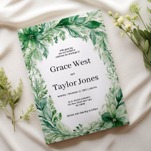 Watercolor white forest green ivory floral Wedding Invitation