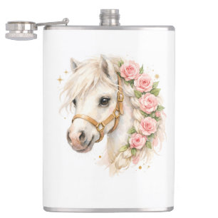 Watercolor White Horse Ceramic Flask with Rose