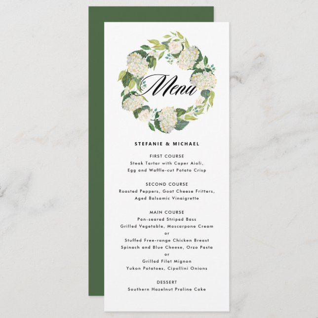 Watercolor White Hydrangea Flowers Wreath Wedding Menu (Front/Back)