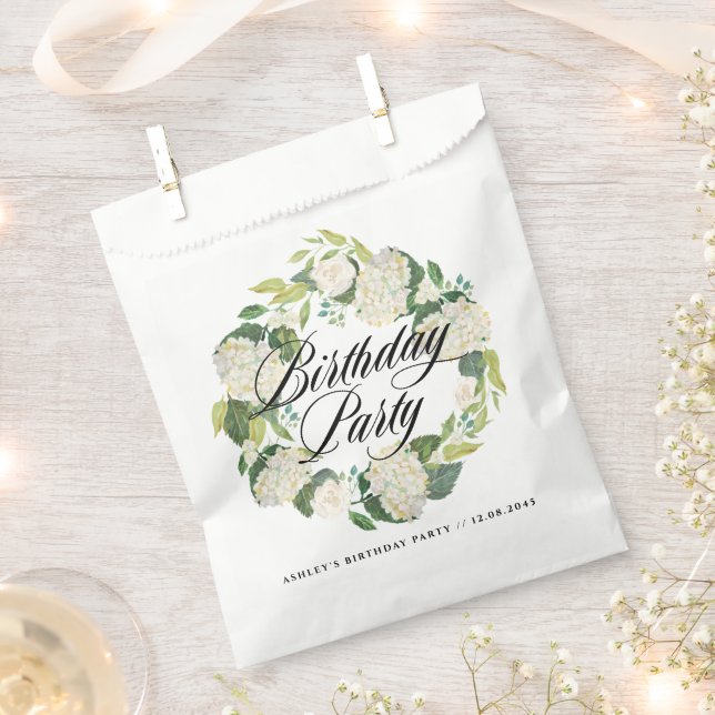 Watercolor White Hydrangea Wreath Birthday Party Favour Bag (Clipped)
