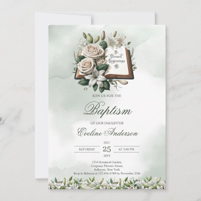 Watercolor white lilies Holly Bible Baptism Invitation (Front)