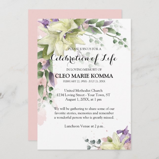 Watercolor White Lilies Sympathy Invitation (Front/Back)
